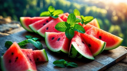Serving Sliced Watermelon with Mint on a Wooden Cutting Board