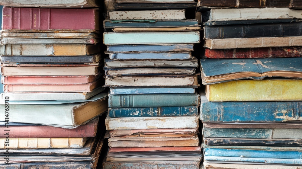 Poster stack of old, worn books with various colors and textures.