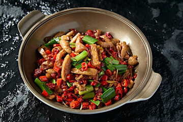 Hunan-style spicy pork belly with garlic sprouts in stone pot