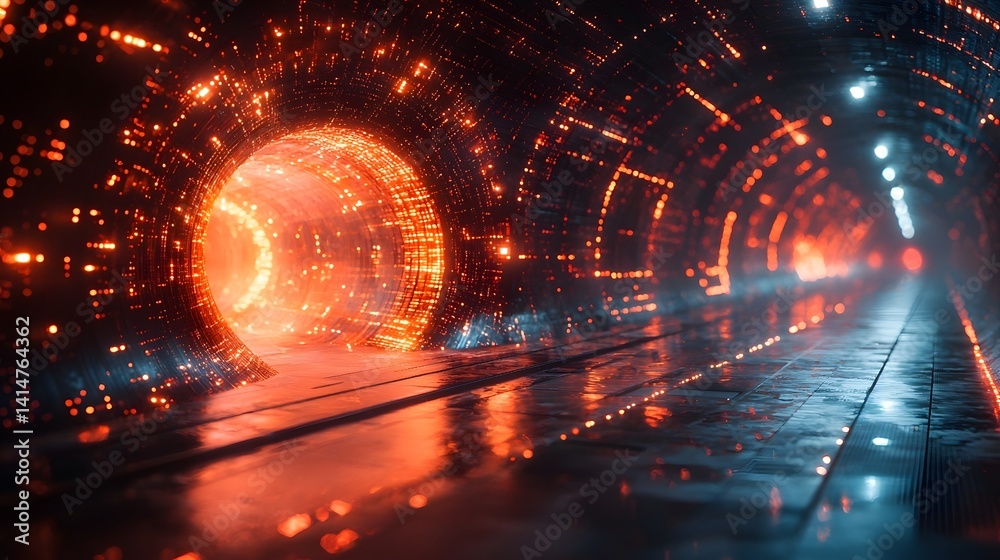 Poster glowing data pipeline flowing into a central processing hub