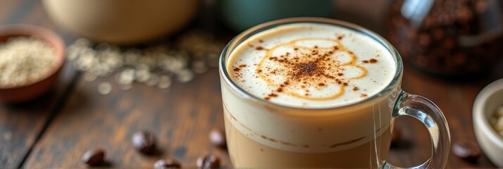 Creamy cappuccino with cocoa heart art in glass mug on rustic wooden table