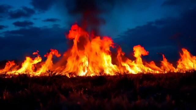 Burning fire line for emergency or climate-related visuals. Intense flames on a field edge under dark sky, symbolizing wildfire, danger, emergency, or environmental impact.