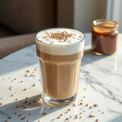Iced coffee with frothy milk and caramel on marble table surrounded by sprinkled seeds