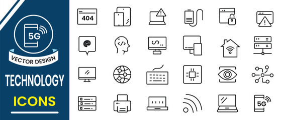 Technology line icon set design. Information technology icon, vector signs for web, logo and mobile app. Communication, web design, computer, chip, software, data center, device. Vector illustration.