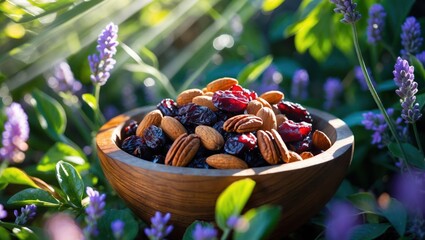 Nuts and Dried Fruits in Wooden Bowl Surrounded by Lavender