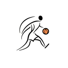 Naklejka premium Minimalist black and white logo of a basketball player in motion, dribbling or shooting, with curved clean lines, pastel orange ball detail, and energetic linework on a white background.