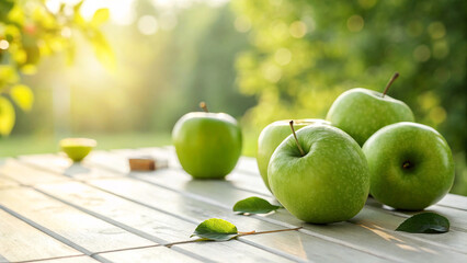 Green Apple with water drops on white surface in Natural background 