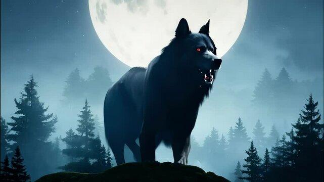 werewolf prowls misty edge under towering pines, werewolf reveals burning eyes piercing hush, werewolf kindles age-old terror echoing in silent midnight air. Concept beastly dread