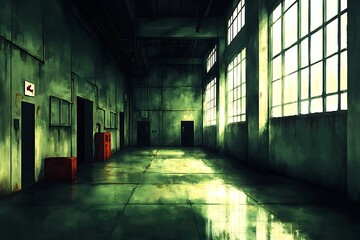 Fototapeta premium Empty Factory Hallway Sunlight