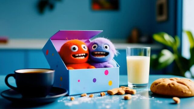 Cute Monster Toys in Cookie Box - Colorful Cute Monsters in Cookie Box with Milk and Cookies
