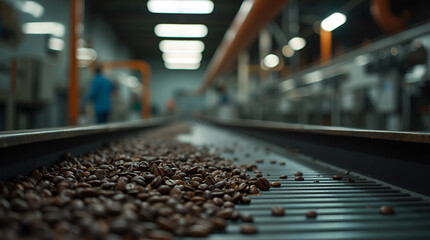 Fototapeta premium An industrial style conveyor belt filled with coffee beans