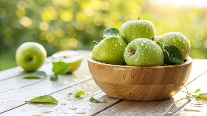 Green Apple in Wooden bowl with water drops on wooden surface in Natural background