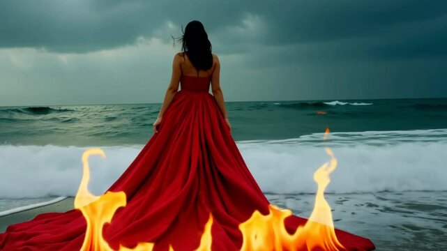 Woman in Red Dress on Fire Standing by Ocean - Woman in Red Dress with Flames on Beach at Stormy Ocean