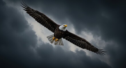 Naklejka premium Majestic Bald Eagle Soaring Through Stormy Skies - Photos