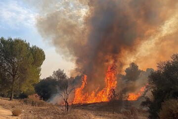 Fototapeta premium A raging wildfire spreading rapidly through a forest, with flames engulfing trees and smoke billowing into the sky