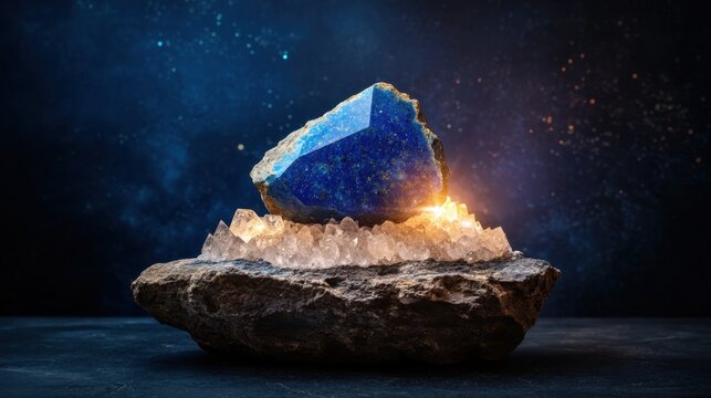 Polished lapis lazuli among quartz crystals, glowing under ambient lighting