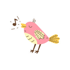 Songbird Singing Song hand drawn illustration. Cute pink exotic bird with musical notes sound vector flat design. Modern cartoon wildlife animal.