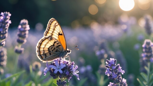 Butterfly Pollinating Purple Flower in Meadow on Warm Sunny Day