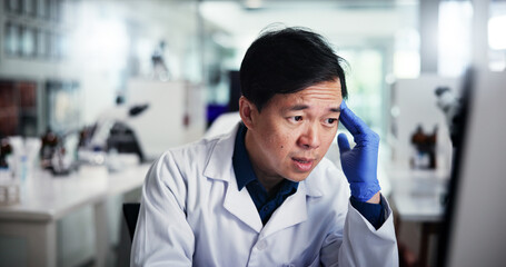 Frustrated man, scientist and headache with stress for mistake, scientific error or fail at laboratory. Male person, science or pain with migraine for bad experiment, chemistry trial or poor results