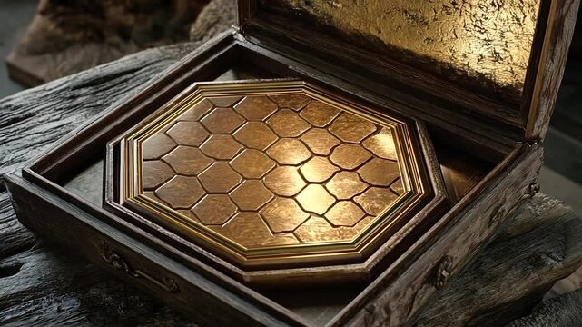 Ornate golden tray in wooden box