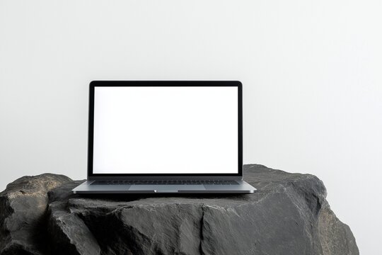  laptop mockup on textured rock display with copy space