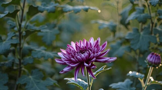 Close-up of a purple flower in a garden, captured at eye level. The soft focus background adds a dreamy effect, ideal for a nature video.Live desktop wallpaper.