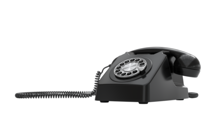 High-quality 3D rendering of a classic black rotary dial telephone with a coiled cord. Vintage communication device isolated on black background.