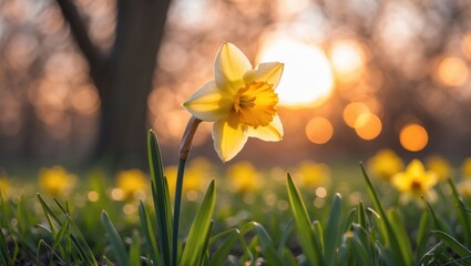 Obraz premium Blooming Yellow Daffodil in Field at Sunset with Warm Light