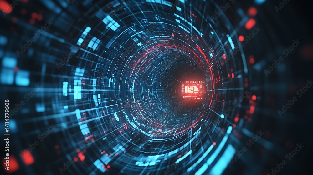 Fototapete cyberspace data tunnel with glowing circuitry and blue grid abstract background