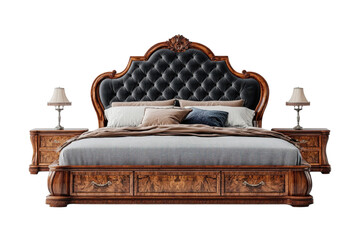 Luxurious handcrafted wooden bed with tufted headboard intricate carvings and spacious drawers adding elegance and comfort to any on transparent background