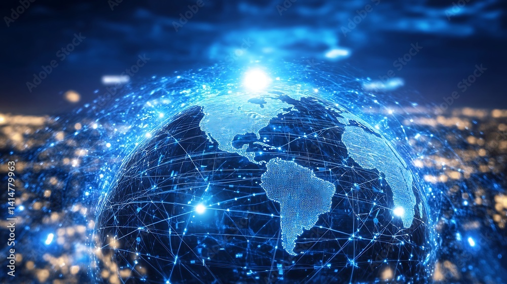Poster digital globe with blue network connections and cityscape with blurred background