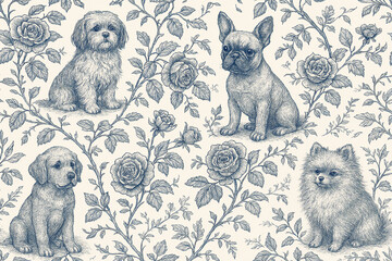 vintage floral toile pattern with cute puppies and blooming roses detailed hand drawn illustration