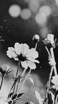 Black and white close-up of wildflowers with a shallow depth of field, creating a dreamy, vintage video effect from a low angle. Live mobile wallpaper.