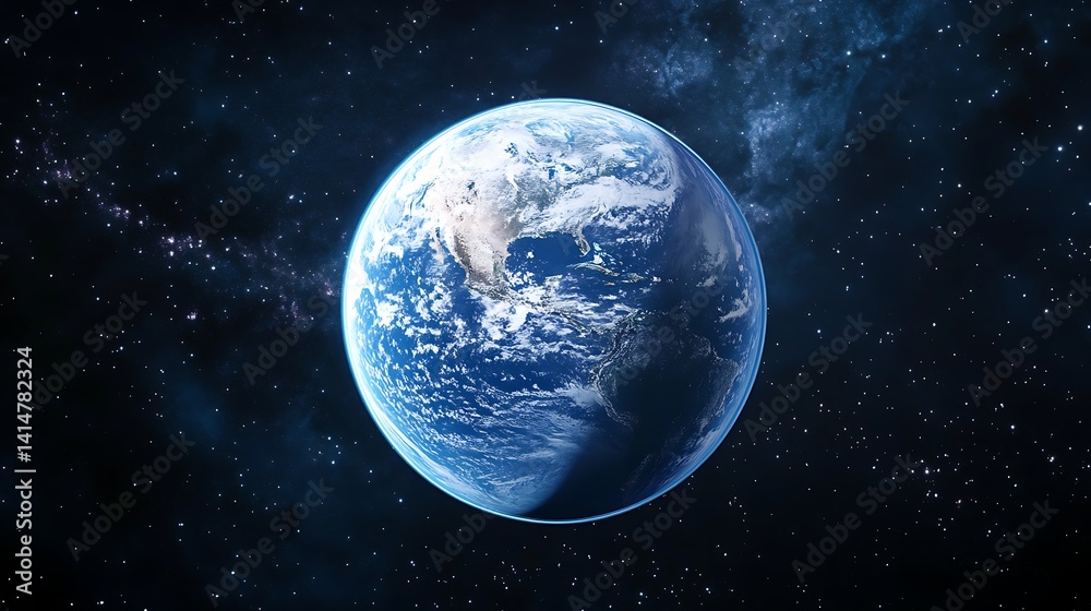 Poster realistic planet earth view from space with clouds & starry galaxy sky