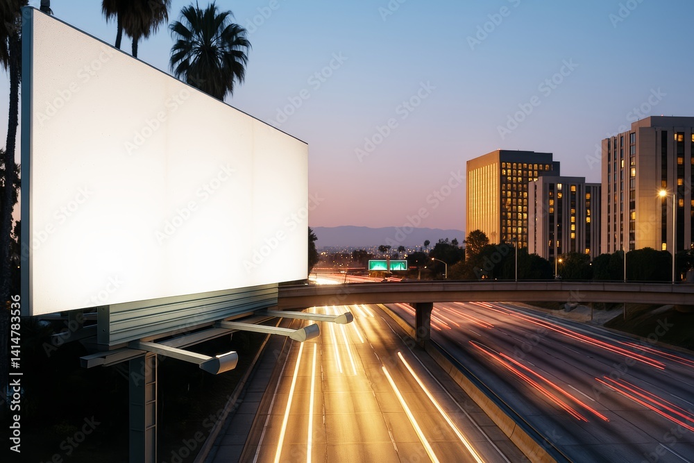 Poster blank billboard mockup on overpass above busy highway at dusk with city buildings and light trails i
