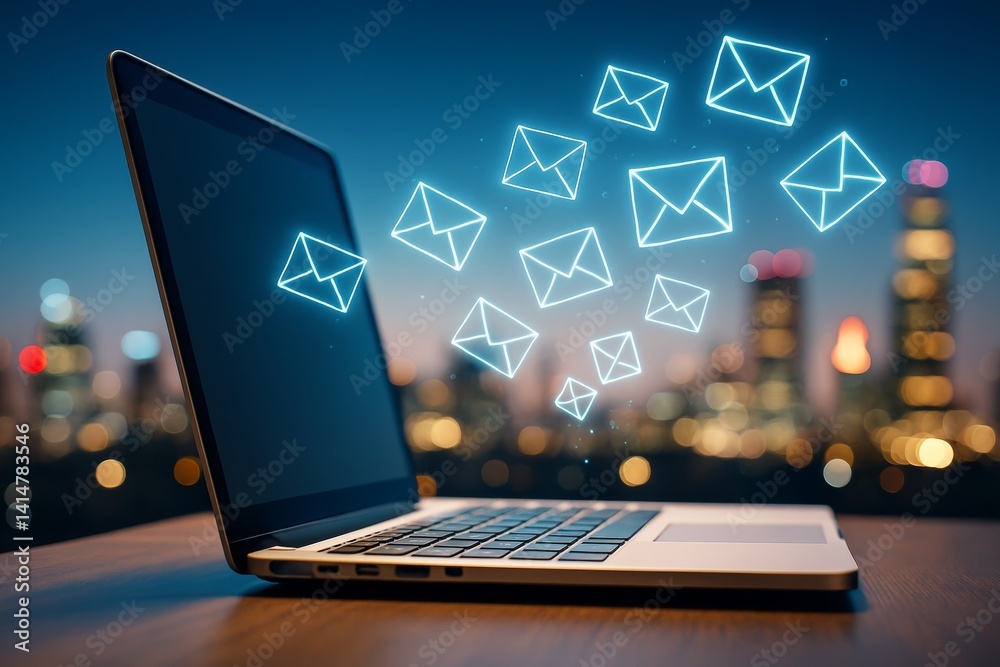 Poster neon email icons emerging from laptop on desk with blurred city lights in background, illustrating d