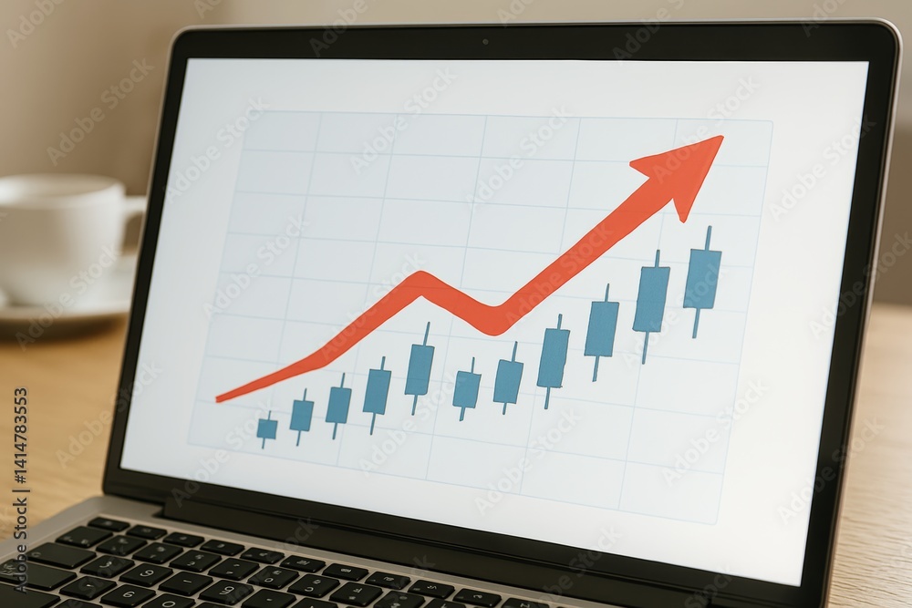 Poster Upward red arrow and candlestick chart displayed on laptop screen indicating business growth concept on light background in technology setting.