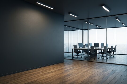 Clean dark wall mockup inside modern corporate office with conference room and city view through glass walls, perfect for business presentation display.