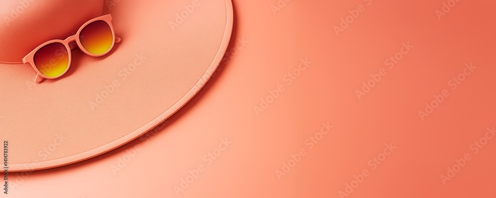 Poster peach-colored wide-brim hat with gradient sunglasses on smooth background, minimalist summer concept