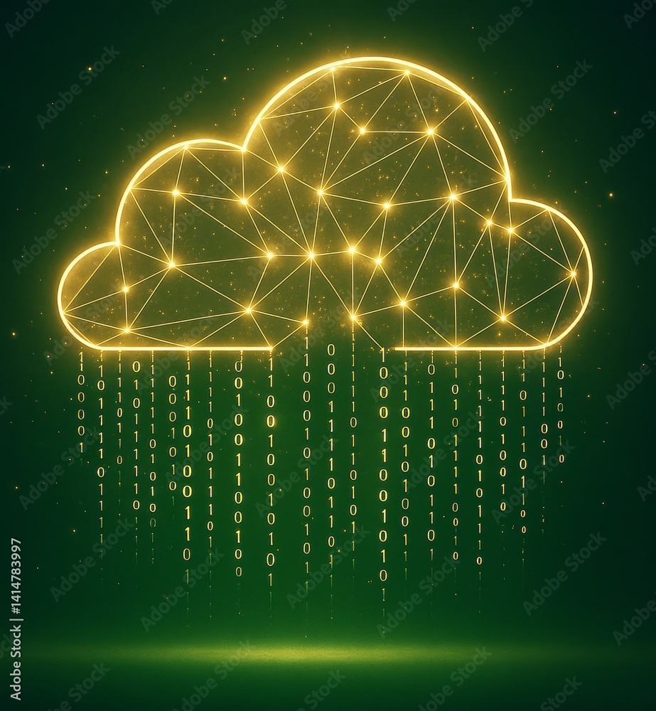 Aufkleber Glowing digital cloud with binary code on green background symbolizing modern cloud technology and online data exchange infrastructure concept.