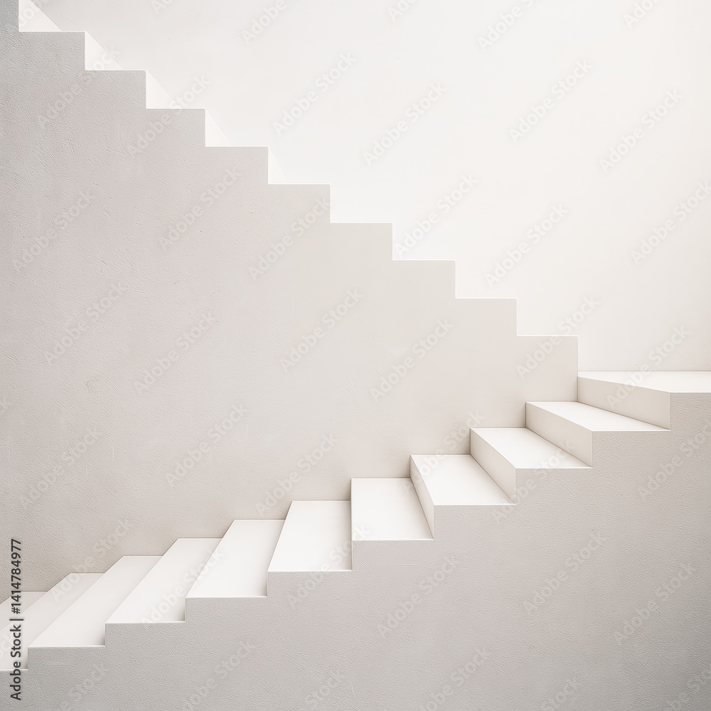 Poster Minimalistic white staircase with geometric steps in bright light background concept emphasizing modern abstract creative architectural form.