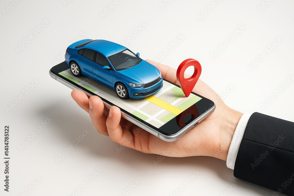 Aufkleber blue car and red gps pin on digital map displayed on smartphone held in hand on light background, sy