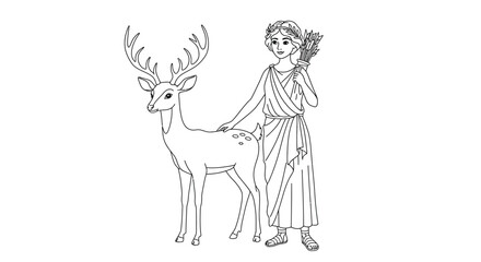 Fototapeta premium Mythology Coloring Page Diana Roman Goddess Hunt Moon Simple Deer Outline Ancient Wildlife Deity Drawing