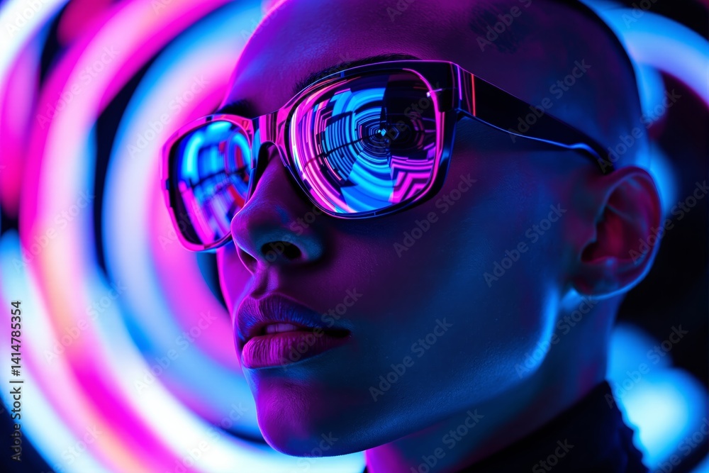 Poster futuristic woman in neon glasses with glowing spiral reflections and colorful light background in cy
