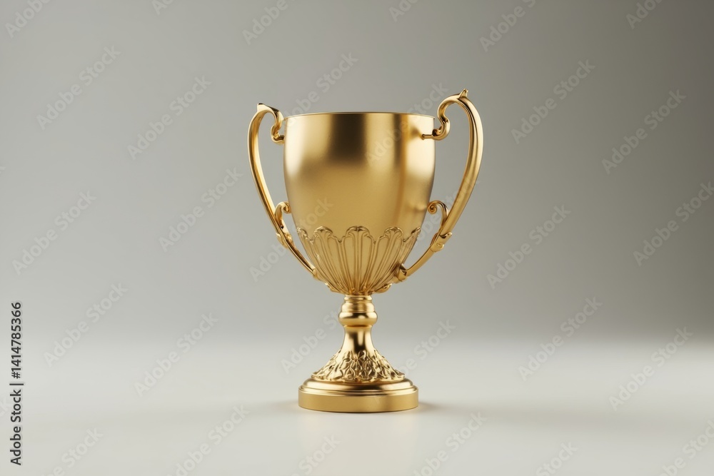 Poster Golden trophy cup with ornate handles centered on clean light background for branding or presentation mockup use. Ai generative.