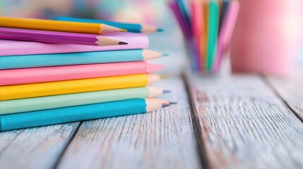 Fototapeta premium Colorful school supplies stacked on a wooden table