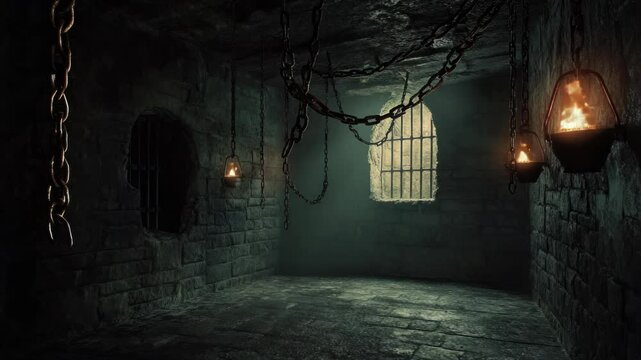 Dimly lit medieval dungeon room with eerie atmosphere, stone walls, ceiling, and floor, illuminated by flickering fire torches. Chains hang ominously from the walls in this haunted fantasy castle