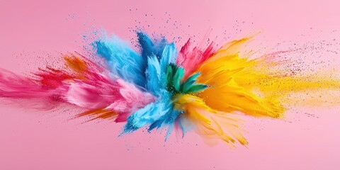 Fototapeta premium Vibrant explosion of colors against a soft pink backdrop creates a dynamic and lively atmosphere.