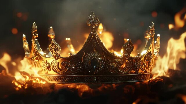 A flaming fantasy golden crown. Medieval crown burning in flames, smoke and embers. Isolated dark background. Rise and fall of an empire. King, queen, prince, princess