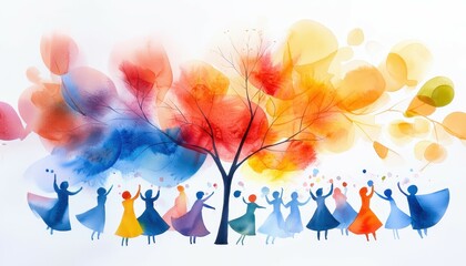 Colorful watercolor scene of women celebrating under a vibrant autumn tree.